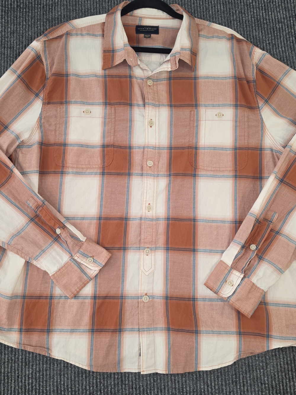 Lucky Brand Men’s Orange and Cream Plaid Button-Down Shirt